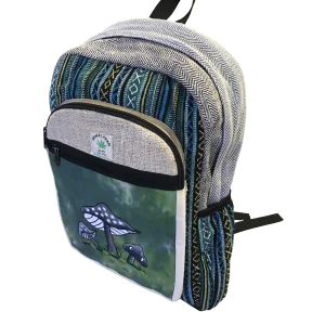 Hanf-Rucksack mit grünem Pilz-Motiv, handgemacht in Nepal