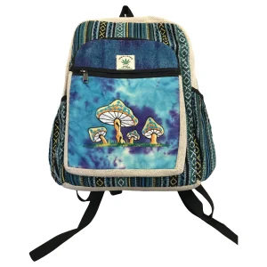 Hanf-Rucksack mit blauem Pilz-Motiv, handgemacht in Nepal